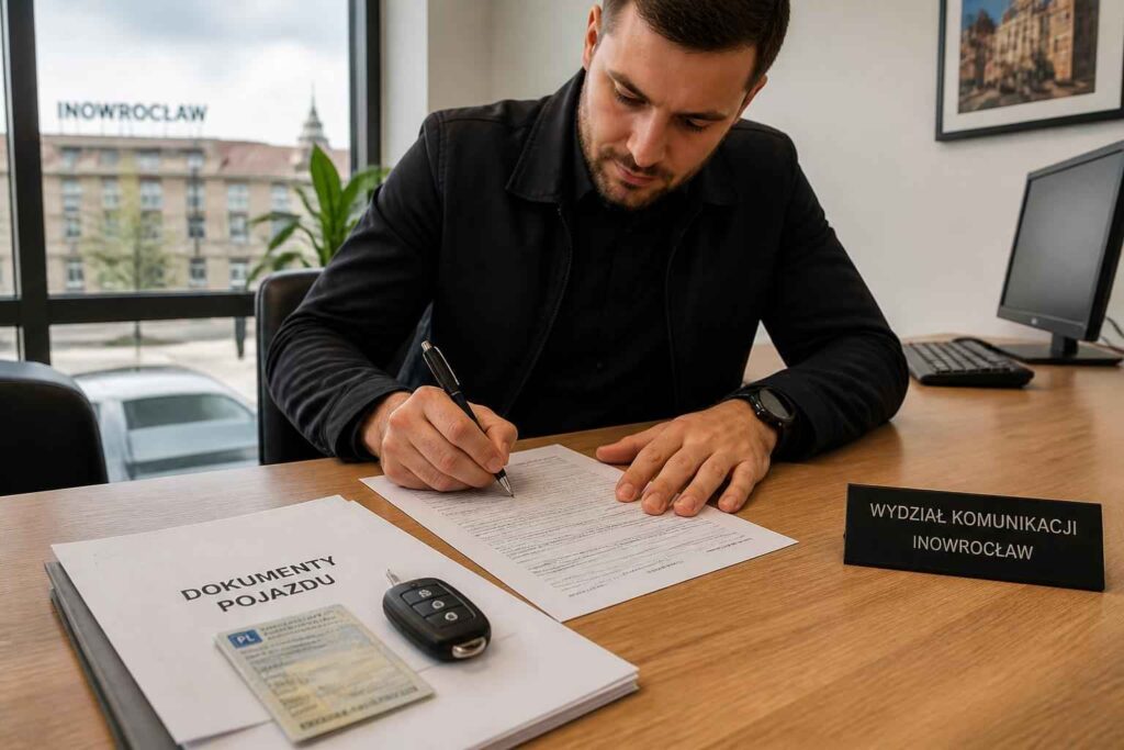 Mężczyzna podpisuje formularz przy biurku z dokumentami i kluczykami samochodowymi w Inowrocławiu