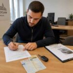Mężczyzna wypełnia dokumenty przy drewnianym biurku w biurze Inowrocławia