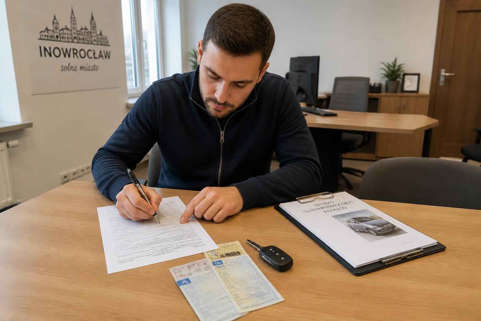 Mężczyzna wypełnia dokumenty przy drewnianym biurku w biurze Inowrocławia